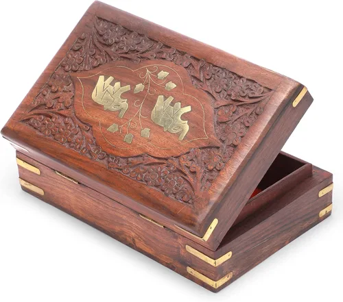 Miniatura 6 de Ajuny Hermosa caja de joyería de madera hecha a mano con incrustaciones de latón elefante con diseño de elefante organizador de almacenamiento