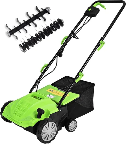 Miniatura 14 de Goplus Desbrozador y escarificador de césped 2 en 1, desbrozadora ajustable de 3 niveles de profundidad con bolsa de recolección de 11 galones y 2