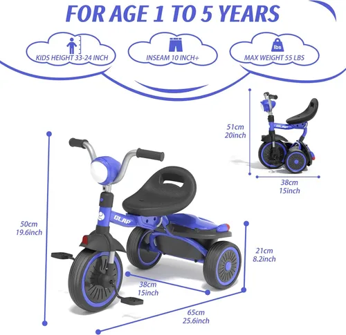 Miniatura 2 de Glaf Bicicleta para niños de 2 a 5 años, triciclo para niños de 1 a 3 años, bicicleta para bebé con asiento ajustable y canastilla
