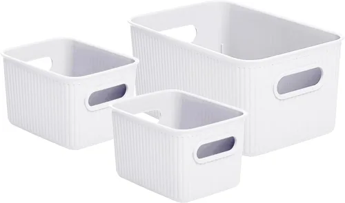 Miniatura 17 de Superio Ribbed Collection – Cesta decorativa de plástico abierta para el hogar, color azul (juego de 4) 1 grande, 1 mediano, 2 pequeñas – cajas