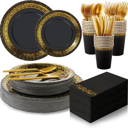 Miniatura 7 de Juego de 350 platos desechables de plástico negro y dorado para fiesta de graduación para 50 invitados, cubiertos de 9 pulgadas, platos de postre