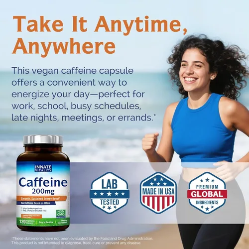 Miniatura 5 de Innate Vitality Cafeína, pastillas de cafeína de 200 mg para adultos, hombres y mujeres, sin choques ni nerviosismo, sin OMG, sin gluten, aumenta