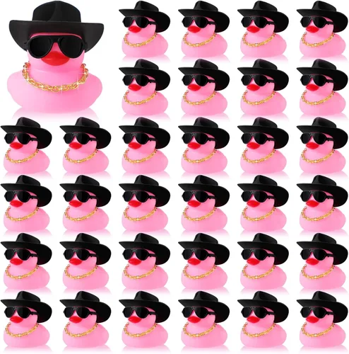 Sotiff 48 Conjuntos Pato de Goma Pato Chillón Patos de Fiesta Adornos de Tablero de Coche con Mini Collar, Sombrero y Gafas de Sol para Ducha, Rosa
