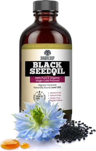 DAWNLOOP Aceite de semilla negra orgánico prensado en frío, 100% puro de alta timoquinona Nigella Sativa, aceite de comino negro para apoyo