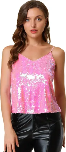 Allegra K Camisola brillante con lentejuelas para mujer, para fiesta de club, con brillantina, discoteca brillante