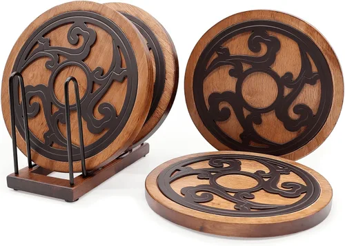 Miniatura 8 de Juego de salvamanteles de hierro fundido con madera de 2 piezas, salvamanteles de madera para platos calientes, almohadillas calientes de cocina