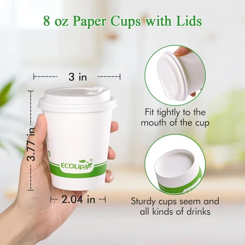 Miniatura 3 de ECOLipak 200 tazas de café de papel compostables de 8 onzas, tazas de café desechables biodegradables con tapa CPLA, tazas de bebida caliente 8 oz