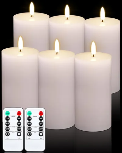 VIHOSE Juego de velas blancas sin llama con control remoto y temporizador, velas parpadeantes sin llama con batería, pilar LED de parte superior