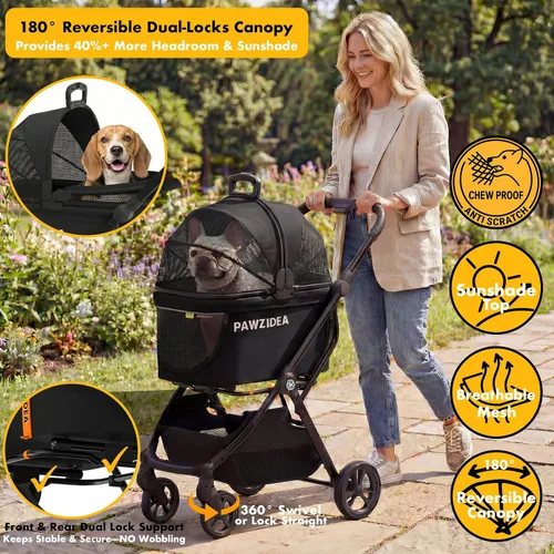 Miniatura 2 de PAWZIDEA Carriola de mascotas 4 en 1, Carriola de gatos con portaequipaje desmontable y dosel sin cremallera, jaula portátil para perros