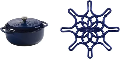 Lodge - Horno holandés esmaltado, 6 cuartos de galón, sartén de hierro fundido, índigo y esmaltado, 8 pulgadas, trébedes índigo