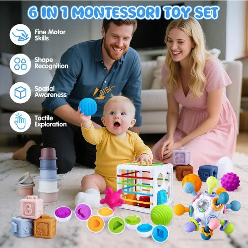 Miniatura 7 de Juguetes 6 en 1 para bebés de 6 a 12 meses, juguete Montessori para niños de 1 año, juguete de dentición para bebés, apilar tazas, cubo sensorial