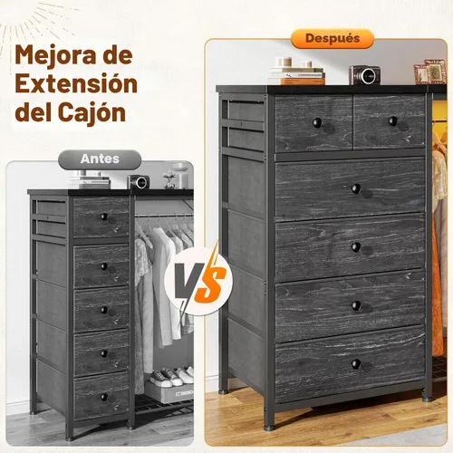 Miniatura 7 de EnHomee Cómoda de 49.2" de ancho para dormitorio con perchero colgante, 6 cajones, cómoda con luces LED y estación de carga, aparadores de tela