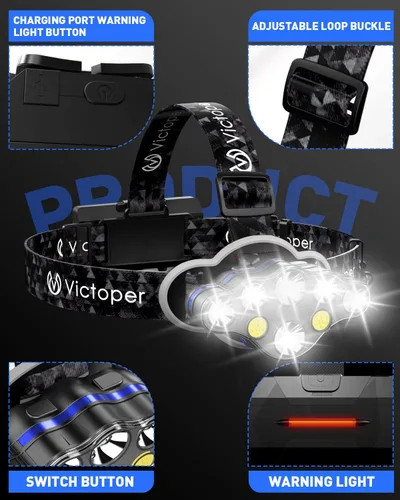 Miniatura 4 de Victoper - Linterna frontal recargable, 8 LED de 18000 lúmenes con luz roja, linterna frontal USB ligera, impermeable, de 8 modos, equipo para Negro