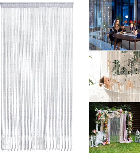Miniatura 2 de Cortinas de cadena con cuentas plateadas para puertas de 36 x 77 pulgadas, cortina de cuentas con borlas de cristal para colgar en la puerta