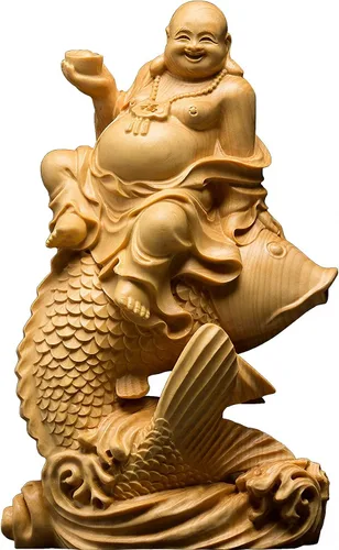 Miniatura 9 de Estatua de Buda Maitreya Maitreya tallada a mano de boj natural (ventilador de bolsa de tela)