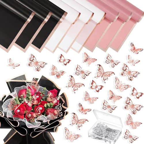Whaline Juego de ramilletes de boda, 100 piezas, ramilletes de boda, 48 piezas de decoración de pared de mariposa de oro rosa 3D, 15 hojas de papel