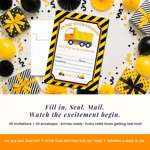 Miniatura 3 de AmandaCreation - Invitaciones para fiestas de cumpleaños de construcción de camiones volquete de Dump Everything, 20 tarjetas de relleno de 5 x 7