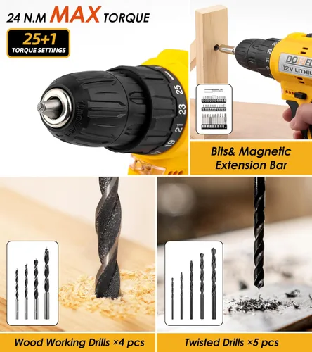 Miniatura 5 de DOWELL Kit de herramientas de 147 piezas con taladro inalámbrico de 12 V con portabrocas sin llave de 3/8 pulgadas para el hogar, hombres, LED