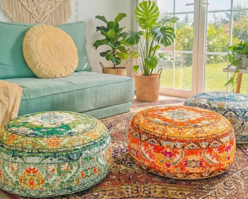 Miniatura 9 de Funda de almohada marroquí para suelo, color azul, redondo, estilo bohemio, decoración de habitación, zona de estar marroquí, puf otomano perfecto