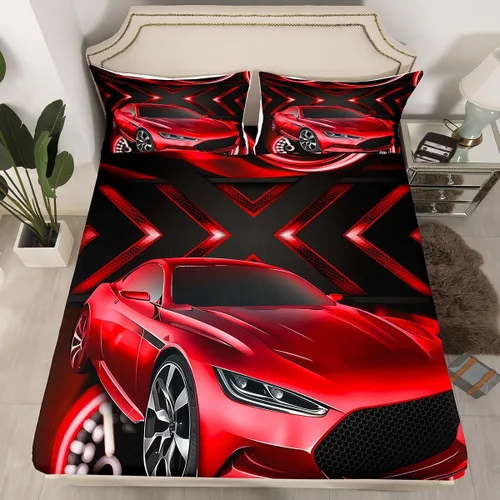 Miniatura 2 de Erosebridal Sábana bajera para cama de auto de carreras roja, sábana bajera ajustable para niños, adolescentes, dormitorio, 3 piezas, para deportes
