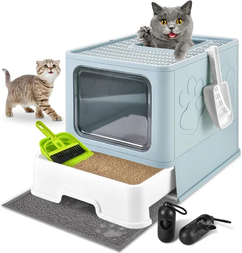 Caja de arena cubierta para gatos con alfombrilla de arena, plegable, extra grande, puerta ajustable de doble entrada, diseño de cajón, caja de Azul
