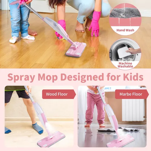 Miniatura 8 de Trapeador con atomizador para niños, juego de limpieza de mopa para niños, juego de mini trapeador de trabajo real y recogedor de escoba para niños