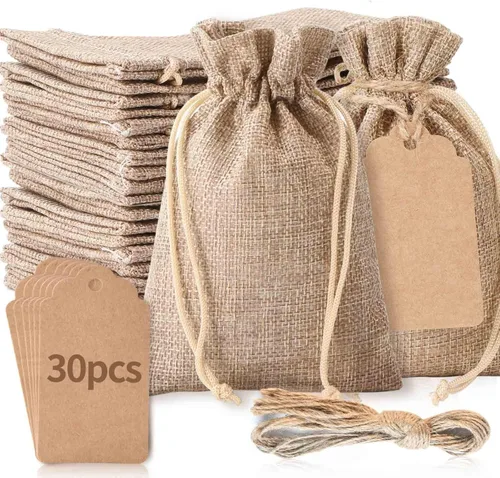 30 bolsas de regalo de arpillera de 3 x 4 pulgadas con cordón y 30 etiquetas, sacos de lino de arpillera para boda, bolsas de regalo de arpillera