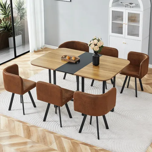Miniatura 8 de Juego de mesa de comedor para 6, mesa de cocina de mármol y madera sintética de 60 pulgadas con 6 sillas de piel sintética, moderno juego de mesa
