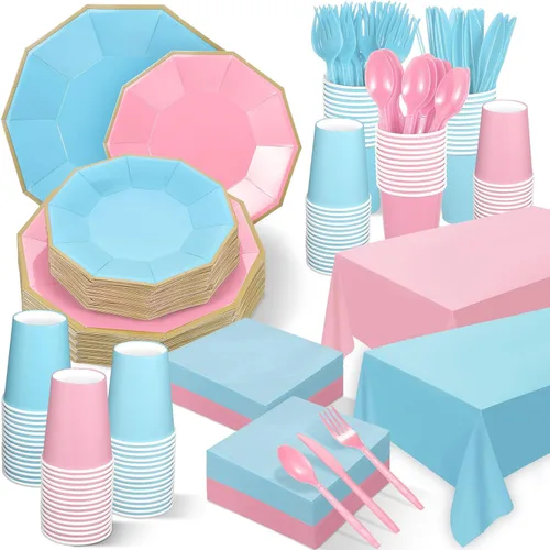 Nitial 462 piezas de suministros para fiesta de revelación de género, vajilla para baby shower, niños o niñas, platos de revelación de género rosa y