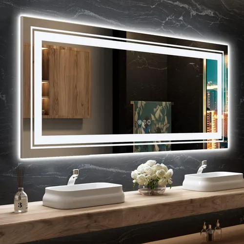 Miniatura 88 de Snowdool Espejo LED de baño, 32 x 32 pulgadas con luz frontal y retroiluminada, antivaho, espejo de tocador de baño para pared, función de memoria