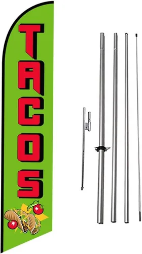 Tacos Mexican Restaurant Publicidad Banner de plumas Swooper Bandera con Kit de asta de Bandera y Estaca de Tierra Tacos-Multicolor-Verde/Rojo