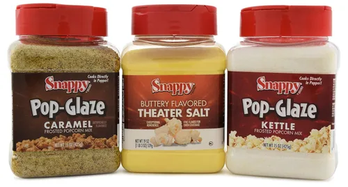 Snappy Pop-Glaze and Theater Salt Bundle, caramelo, maíz hervidor, sal de teatro con sabor a mantequilla, 3 unidades