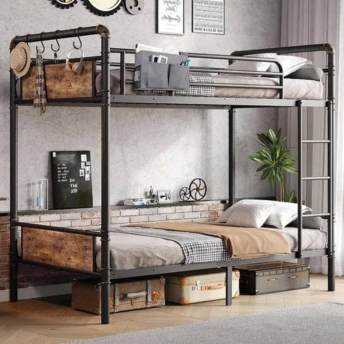 Jocoevol - Litera de metal Twin over Twin, literas industriales de alta resistencia con rieles de seguridad y diseño de ahorro de espacio, cama de