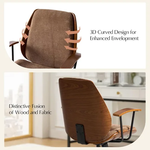 Miniatura 4 de HULALA HOME Silla de oficina de madera maciza con función mecedora, cómoda silla de escritorio de tela con base de madera doblada y metal, silla