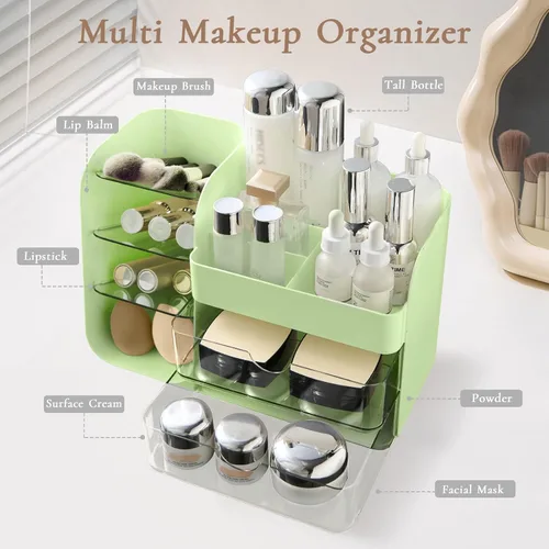 Miniatura 2 de 2026 Organizador de maquillaje de encimera con cajones, organizador de cosméticos con soporte de brochas de viaje, organizador de cuidado de la piel