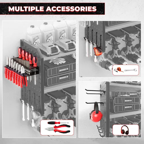 Miniatura 3 de KAFAHOM Organizador de herramientas eléctricas con estación de carga, regleta de alimentación integrada de 8 tomas, soporte de pared grande para 8