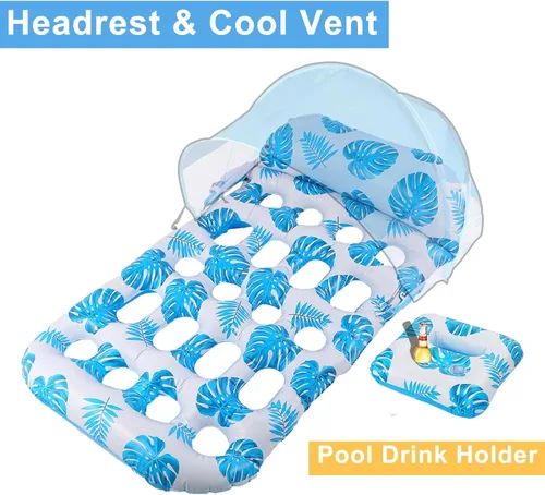 Miniatura 3 de COOLCOOLDEE Flotador inflable para piscina con toldo de sombrilla UPF 50+, flotador extra grande para adultos con reposacabezas, portavasos