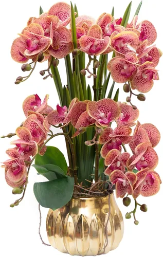 Miniatura 9 de CXGS Planta de orquídeas artificiales de tacto real, orquídeas falsas en jarrón de cerámica, naranja, 19.7 pulgadas, arreglo floral falso