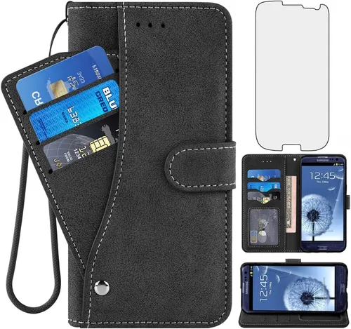 Asuwish Funda compatible con Samsung Galaxy S3 y protector de pantalla de vidrio templado, funda tipo folio, tarjetero con tapa para Gaxaly SIII Neo