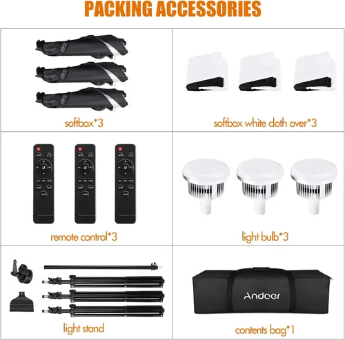 Miniatura 9 de Andoer Softbox - Kit de iluminación para fotografía, equipo de estudio profesional con caja de luz de 20 x 28 pulgadas, bombilla de temperatura 3