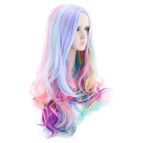Miniatura 3 de AGPTEK Peluca de pelo largo y ondulado con arco iris, resistente al calor, para festivales de música, fiestas temáticas, bodas, conciertos, citas