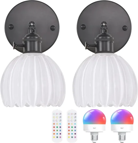 Miniatura 30 de Shenmoyl Aplique de Pared Vintage Operado por Batería con Linda Campana de Vidrio Tulipán Verde, Recargable Inalámbrica, Luz de Pared con Control