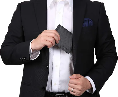 Miniatura 9 de NUMBER.WU 2 ID ventana carteras para hombres bloqueo RFID hombres de fibra de carbono doble cuero genuino trifold cartera para hombre, Negro, M
