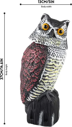 Miniatura 7 de Señuelos de estatua de búho de plástico para control de aves, espantapájaros de búho con cabeza giratoria para jardín, patio y uso al aire libre