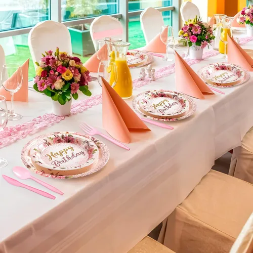 Miniatura 7 de Roshtia 175 piezas de suministros florales para fiesta, sirven a 25 invitados, juegos de vajilla de rosa de feliz cumpleaños para adultos y mujeres