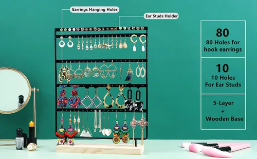 Miniatura 5 de JAZUIHA Organizador de aretes de 5 capas con 100 agujeros para orejas soporte de exhibición de aretes base de madera organizador de joyas
