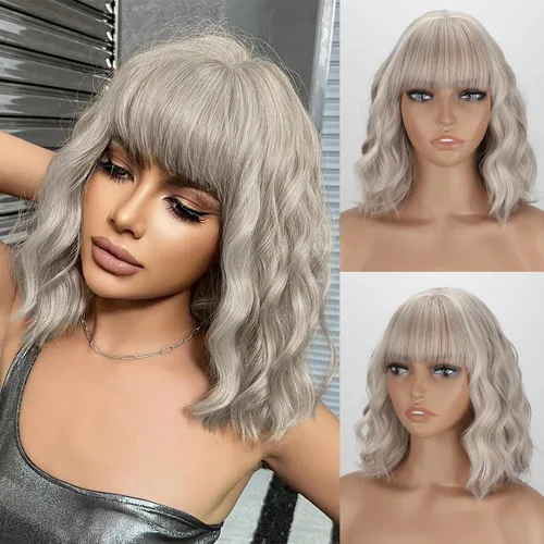 MISSQUEEN Peluca Ondulada Rubia Ceniza con Flequillo Peluca Bob Ondulada Corta Gris Rubia para Mujeres Fibra Sintética Colorida Resistente al Calor