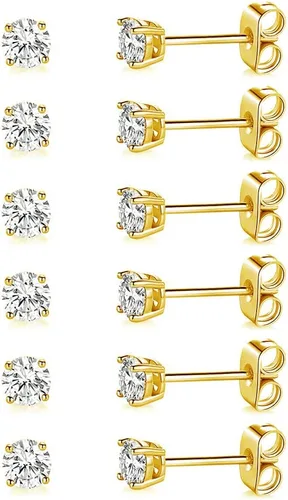 Miniatura 19 de Aretes de tuerca chapados en oro blanco de 18 quilates de 3 a 0.315 in con circonita cúbica redonda, paquete de 6 pares