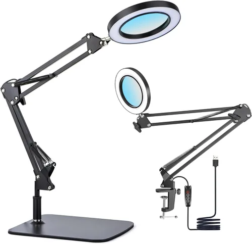 Lámpara de lupa 15X con abrazadera y soporte, lámpara de escritorio de 72 LED con 3 temperaturas de color y 10 niveles de brillo ajustable para