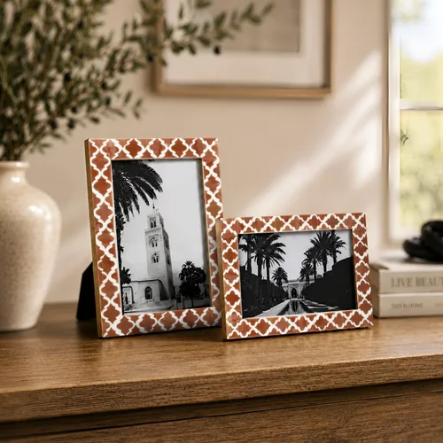 Miniatura 4 de Juego de 2 marcos de fotos hechos a mano con incrustaciones de resina, marcos de fotos decorativos marroquíes marrones y blancos de 4 x 6 pulgadas